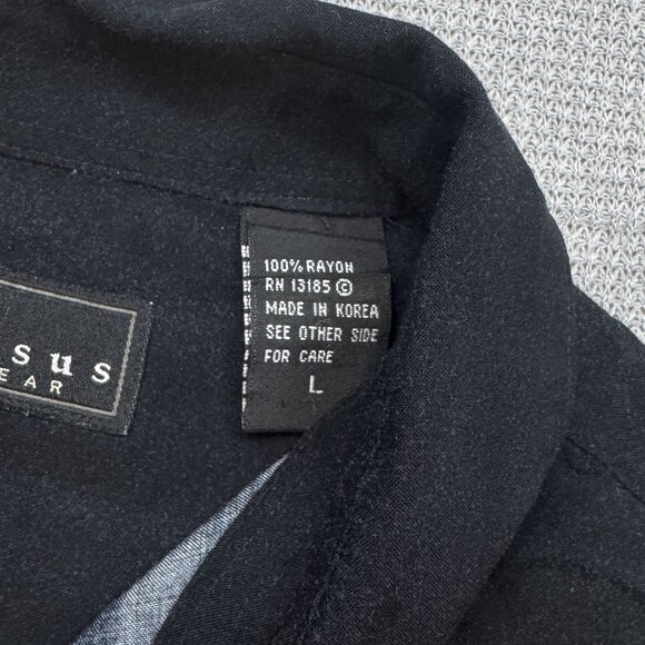 Vintage Consensus Sportswear Hawaiian Shirt Size L Black Palm Tree Pin-Up Girl - Picture 8 of 13